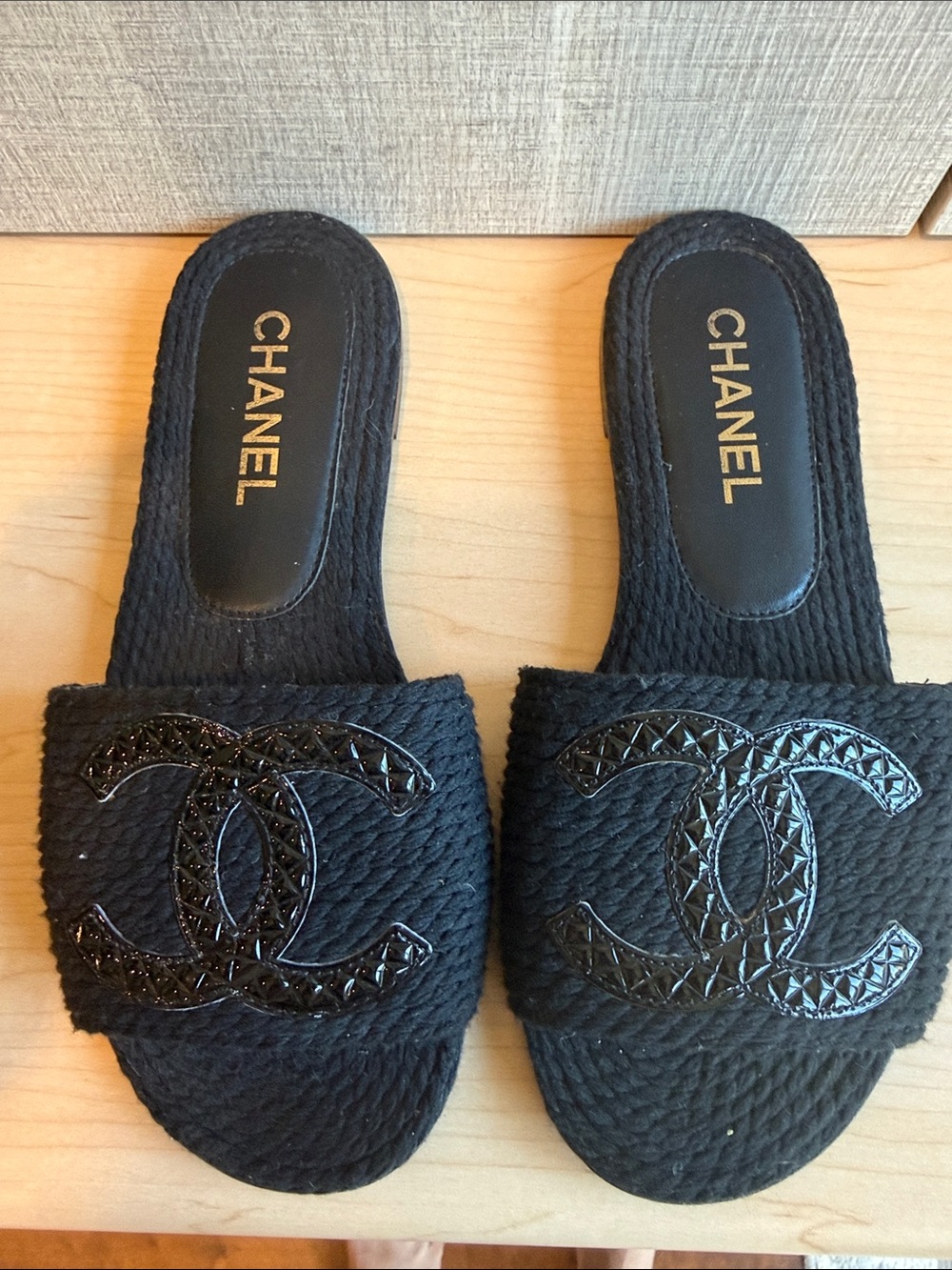 CHANEL Black Fabric Slide Sandals with Patent CC Logo 38